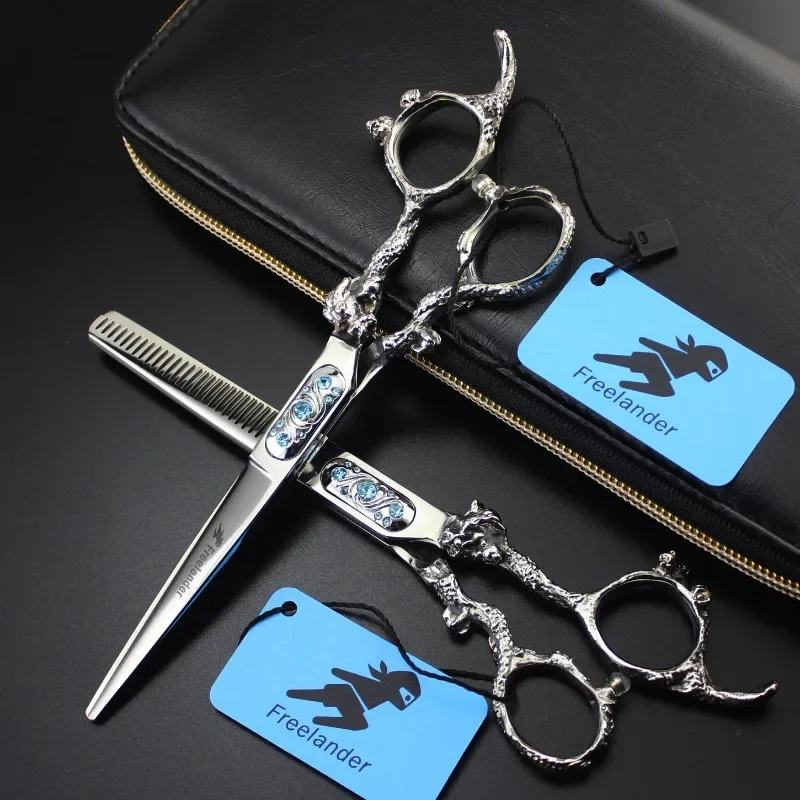 

6.0 Inch New Dragon Handle Blue Square Gemstone Personalized Professional Hairdressing Scissors With a Thinning Amount Of 35%