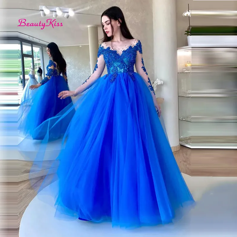 Blue Tulle Lace Long Prom Dress Illusion Long Sleeves Beaded Evening Dresses A-Line Scoop Neck Long Formal Party Gowns