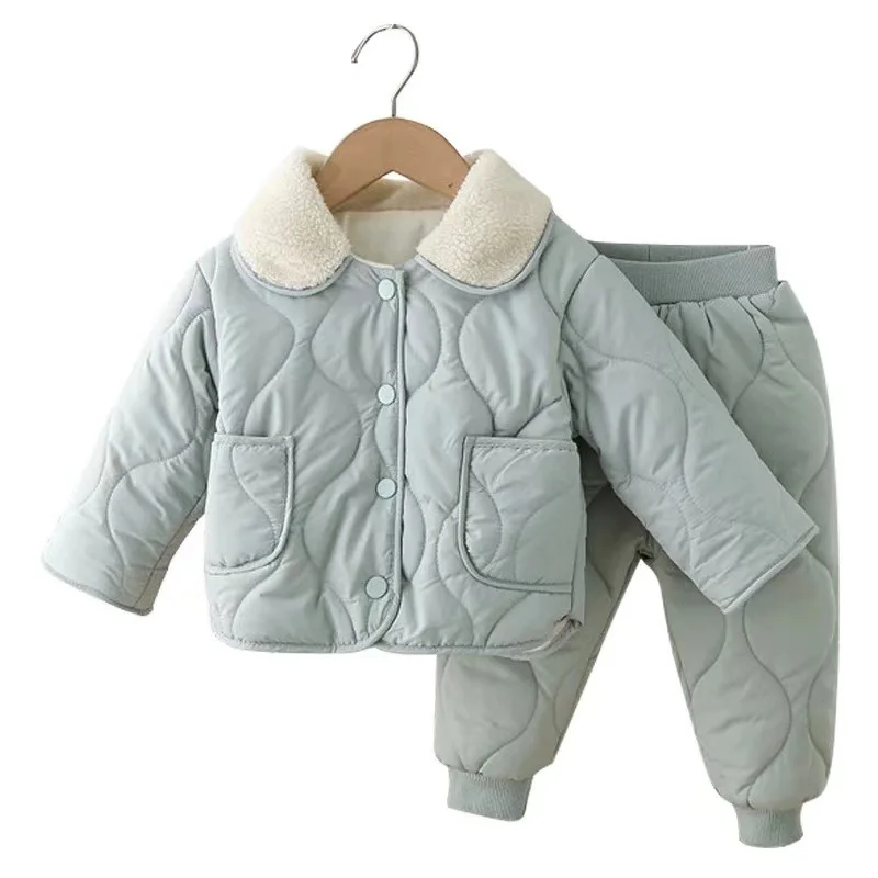 Boys Girsl Winter Fleece Cottonpadded Coat Suit Clothes Baby Outfit Set Thick Coat Outerwear Jacket Tops +Pants 2PC 0-6Yeas