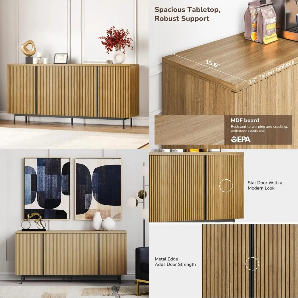 

63-inch Storage Sideboard Buffet Cabinet with Fluted Doors, Modern Dining Room Console Table for Kitchen