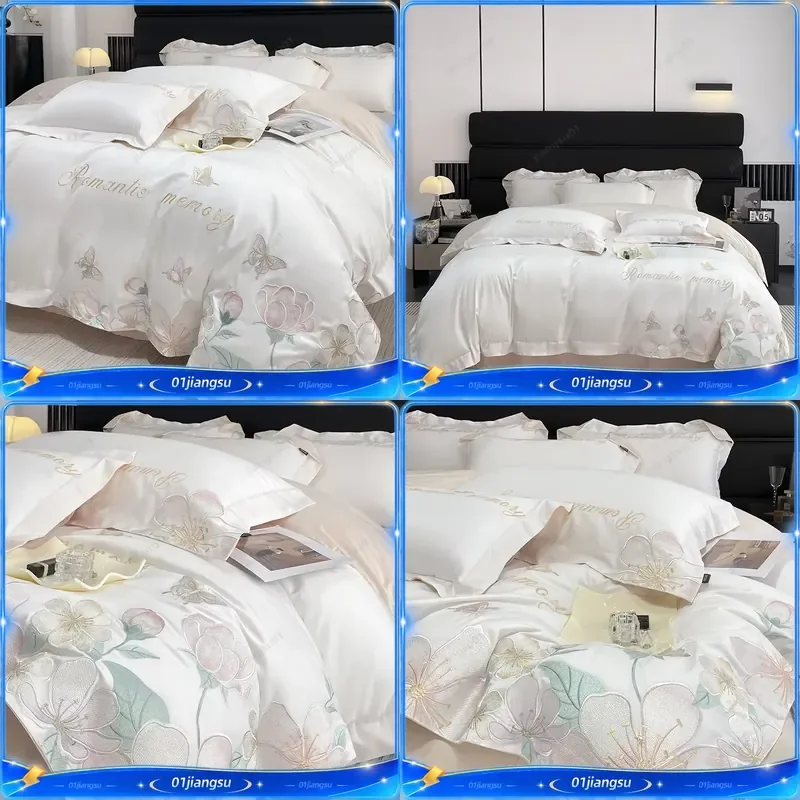 100% Cotton Flower Butterfly Embroidery Bedding Set Duvet Cover Fitted Sheet Pillowcases Mattress Protector King Queen Size