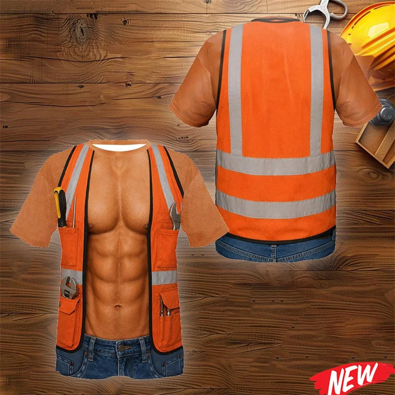 Men's Funny 3D Construction Worker T Shirt Safety Vest Print Muscle Body Short Sleeve Crew Neck Novelty Workwear Shirt