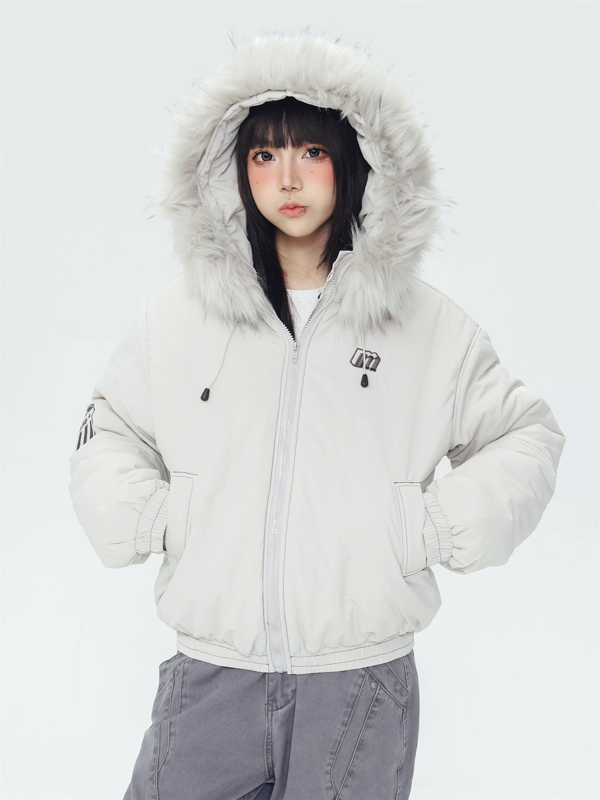 

KESOAK American Retro Hooded Removable Fur Collar Cotton Jaet Winter New Loose Casual Lazy Feeling Coat Street Sle ex