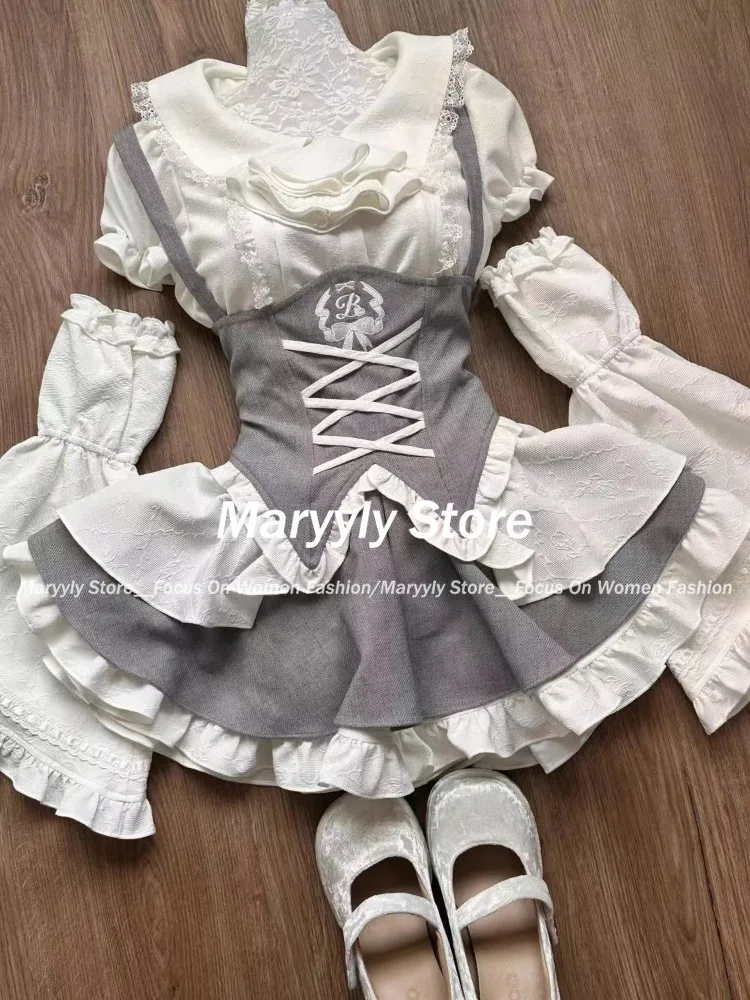 Autumn Japanese Kawaii Lolita Outfits Women Sweet Lace Patchwork Shirt Tops + Slim Bandage Strap Skirt Preppy Style Skirt Suits