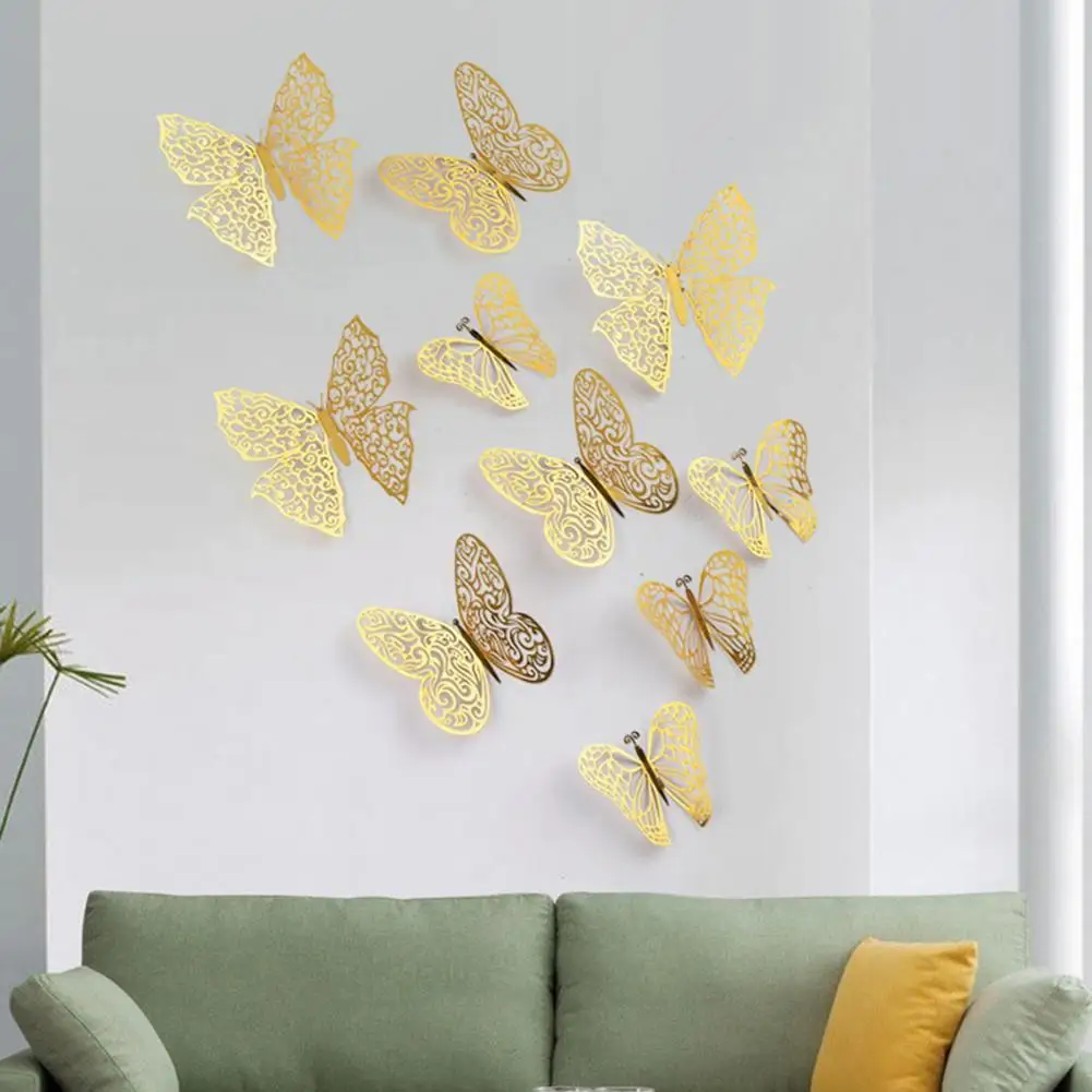 12Pcs/Set Golden Butterfly Paper Wall Sticker with Glue 3D Hollow Art Butterfly Refrigerator Sticker Home Decoration Stickers