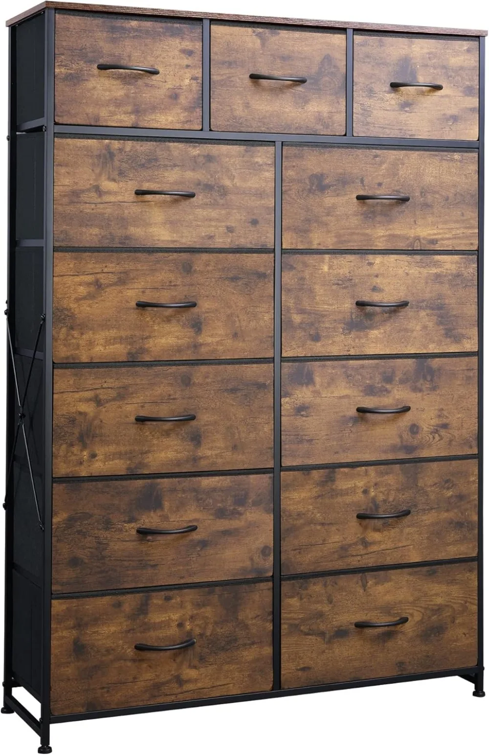 

Tall Dresser for Bedroom with 13 Drawers Fabric Dresser for Bedroom Closet Steel Frame Wood Top Rustic Brown Wood Grain Print