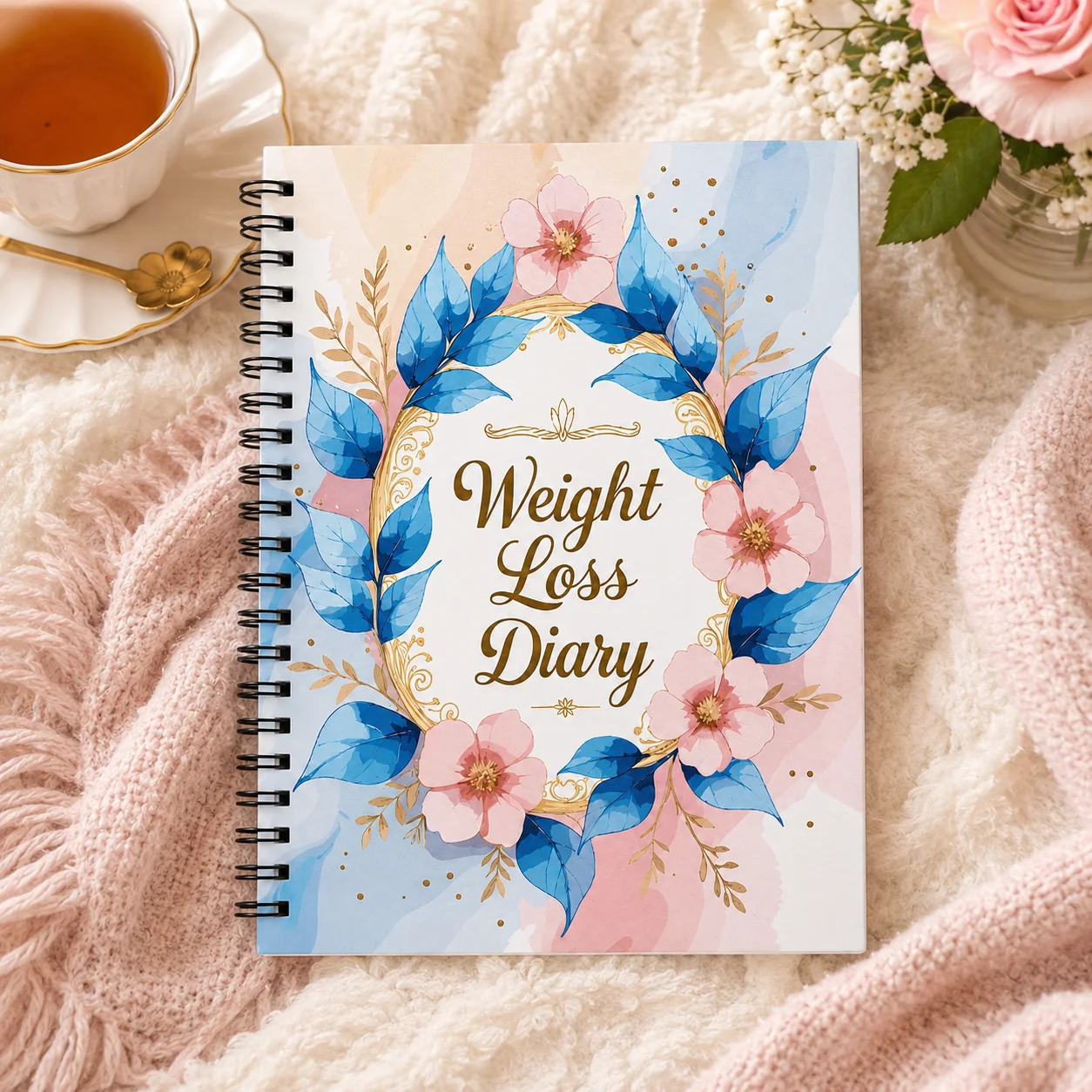 Weight Loss Diary A5 Spiral Wellness Journal, Meal Exercise and Progress Tracker, Floral Fitness Notebook for Adults
