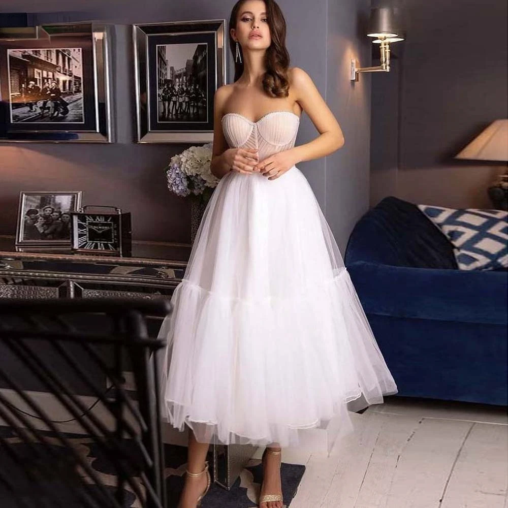 

Classic Tiered Tulle Midi Prom Dresses Women Pleated Tea-Length Evening Gowns Short Bridesmaid Dress Wedding Party Gown