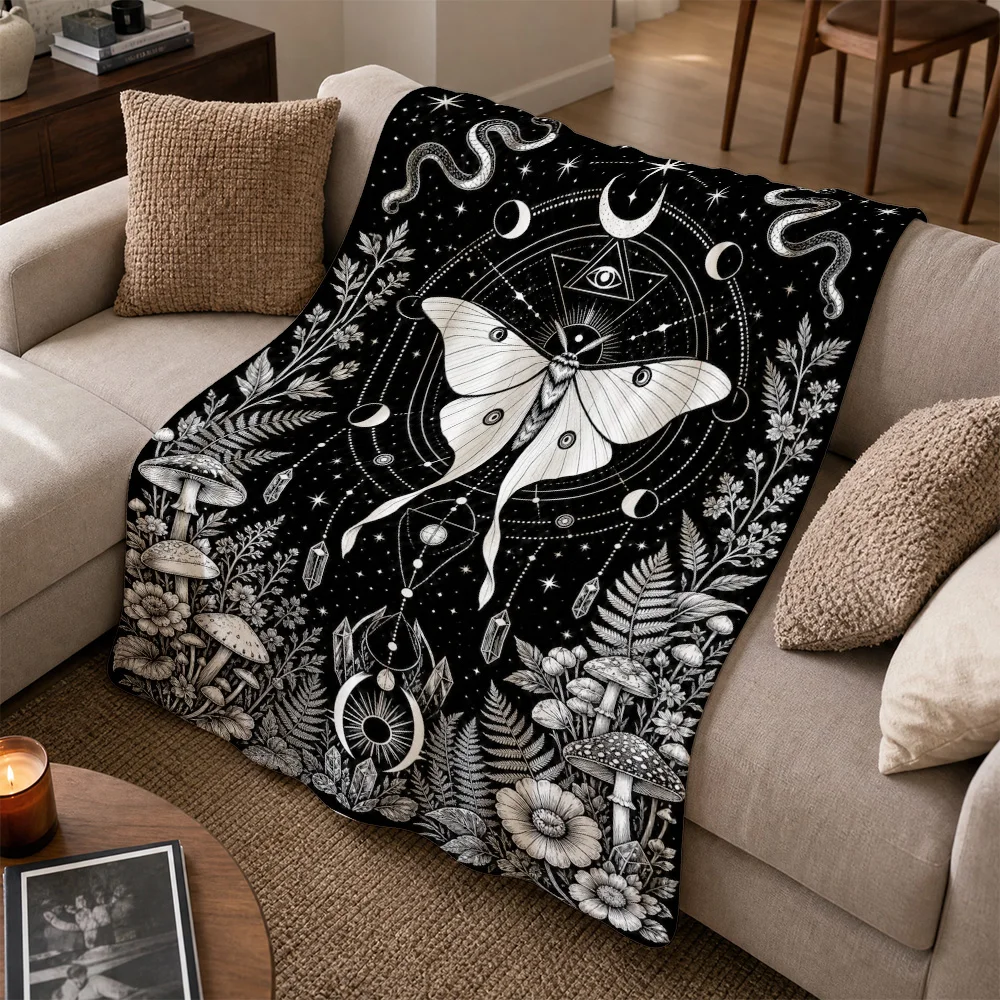 Mystical Celestial Moth Boho Throw Blanket for Sofa Couch Witchy Gothic Decor Moon Phases Astrology Witchcore Tarot Art Tapestry