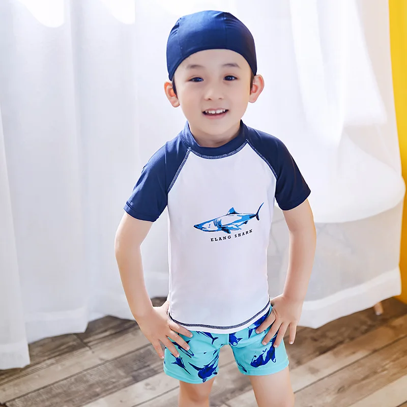 Boy Two Pieces Suit Sunscreen Quick Drying Swimsuit 6-13 Year Children Shark Print Swimwear Kid Cartoon Beachwear Bathing Suit