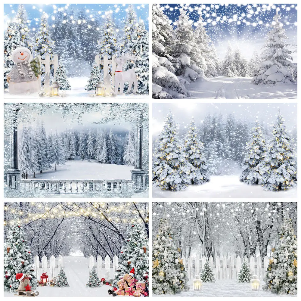 

Winter Forest Snow Scene Backdrop Mountain Scenery Snowflake Christmas Tree Xmas Kids Baby Portrait Photography Background Decor