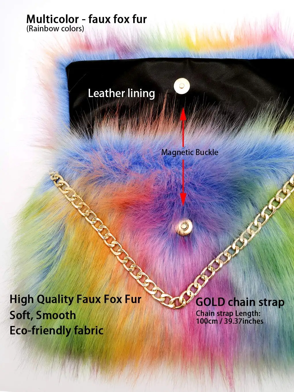 Faux Fox Fur Purse Fuzzy Handbags for Women Evening Handbags Al alloy Shoulder Strap Shoulder Bags Rainbow Colors