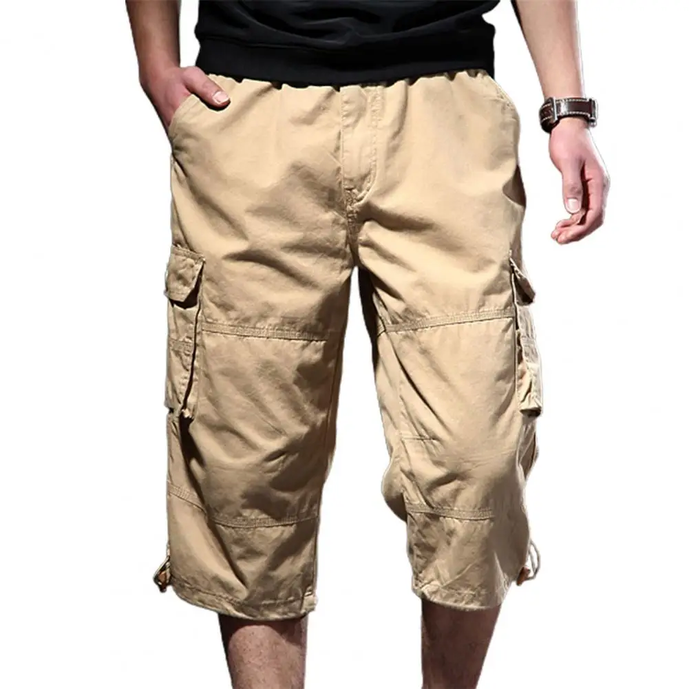 Trendy Drawstring Cotton Camouflage Print Multi Pockets Cargo Pants Loose Type Men Cropped Pants Daily Clothes