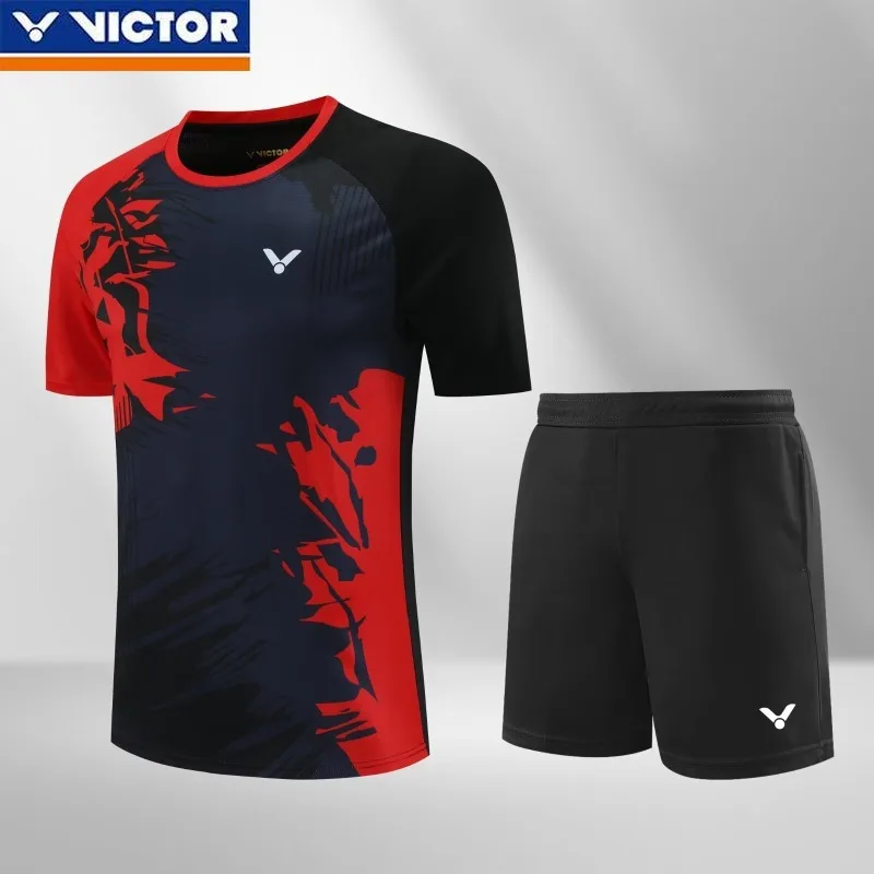 Victor 2025 New Men's and Women's Same Badminton Jersey Sports Short-sleeved T-shirt with Shorts Set