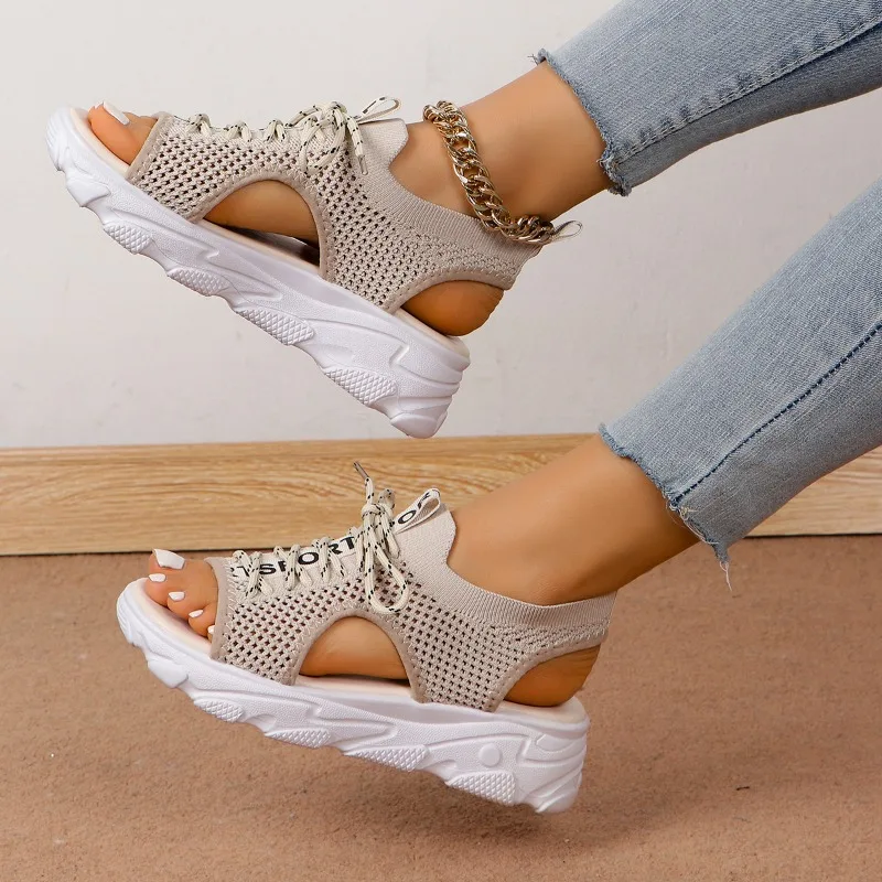 

Women's Summer Black and White Knitted Elastic Design Sandals New Casual Fashion Flat Sandals zapatos mujer 2024 tendencia