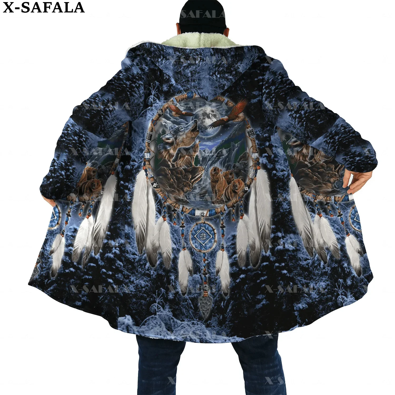 Native Wolf Animal Feather  Overcoat Coat 3D Printed Thick Warm Hooded Cloak for Men Windproof Fleece Unisex Casual-38