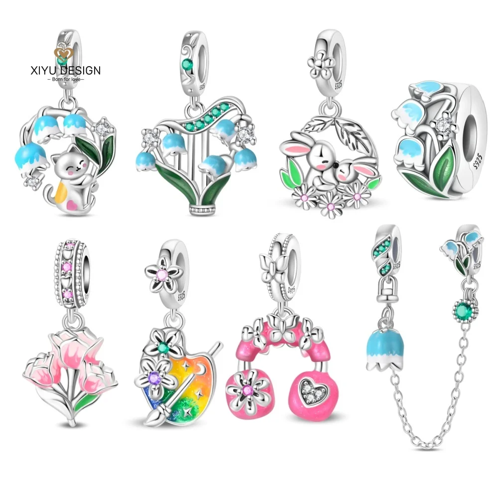 Spring New Blue Lily of The Valley Iris Flower 925 Sterling Silver Beads Pendants Bracelet Charm Jewelry Party DIY Trendy Gifts
