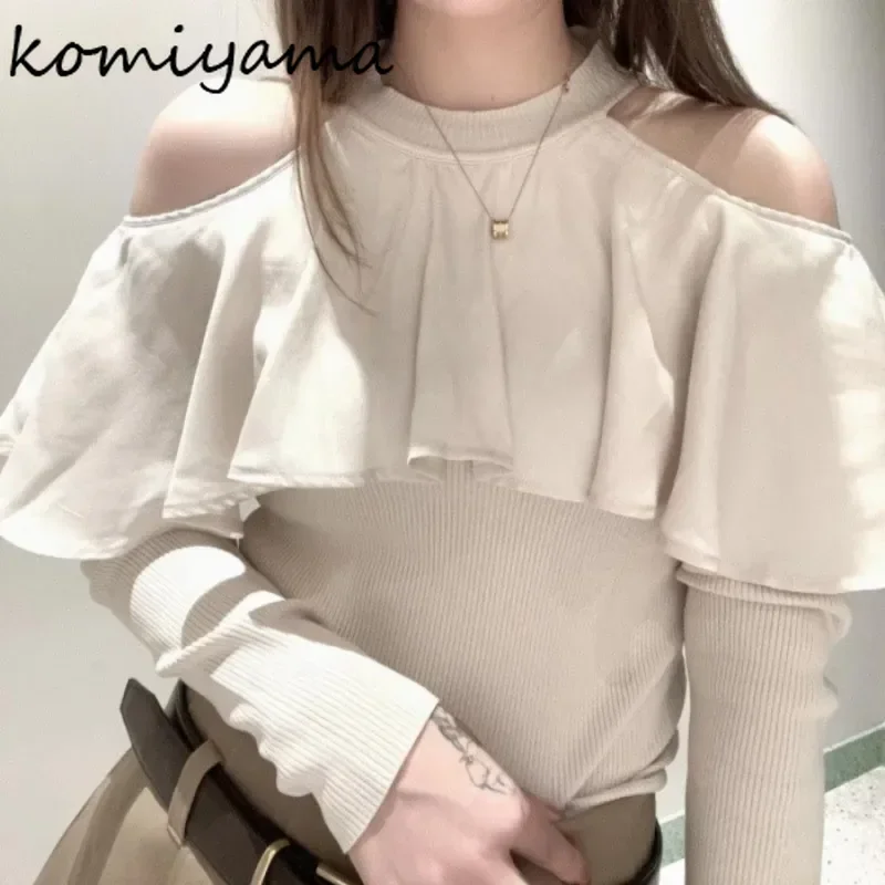 Japan 2025 Woman Sweater Spliced Knitted Voile Outerwears Off Shoulder Long Sleeve Ropa Mujer Autumn Winter Pullovers Sueter