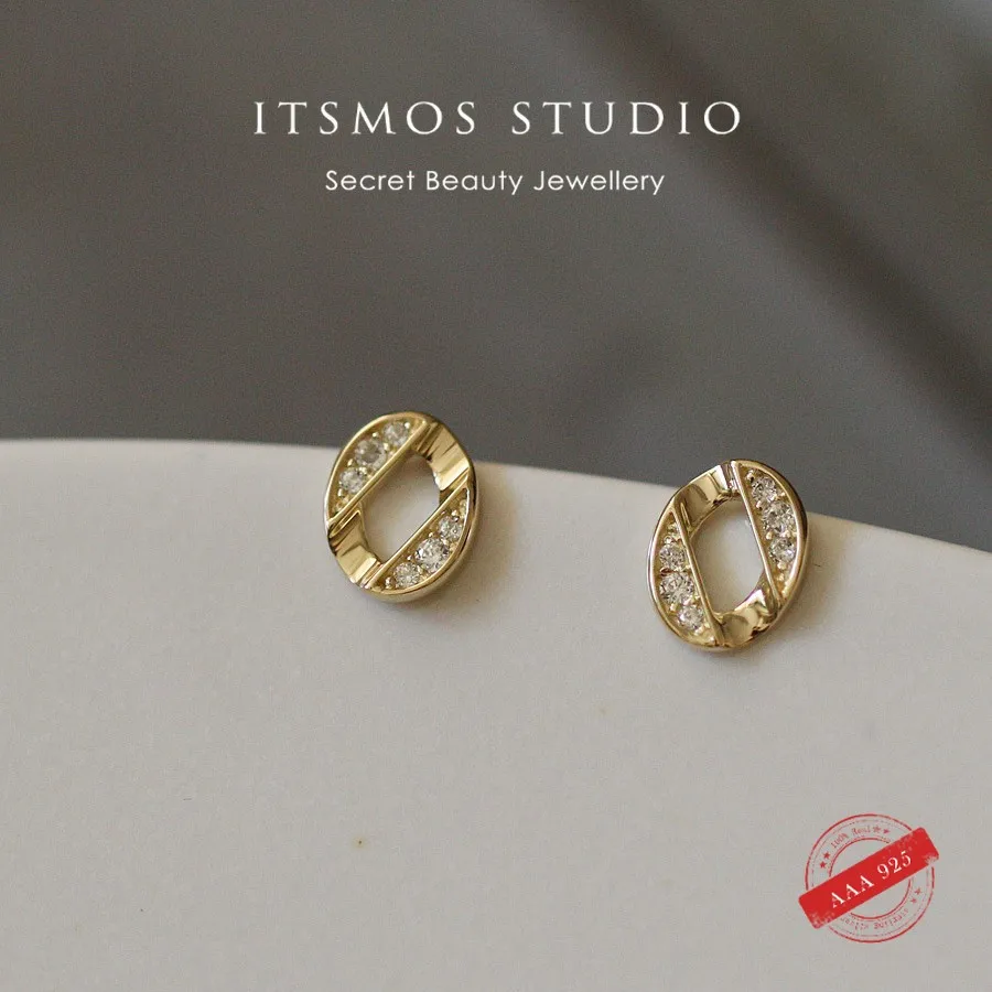 

ITSMOS маленькие пуговицы s925 стерлингового серебра 14 К позолоченные серьги-гвоздики инкрустированные простые овальные повседневные серьги с цирконием для женщин