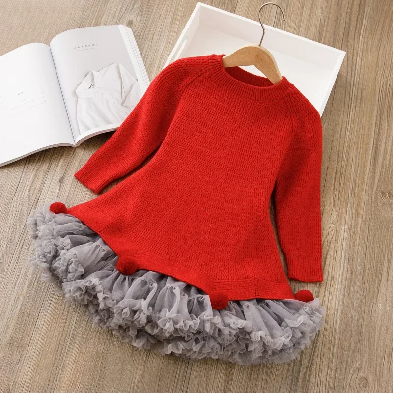 2PCS Girls Clothing Set Red Sweaters And Grey Tulle Skirts Girls Knit Suit Prom Pullover And Mesh Skirt