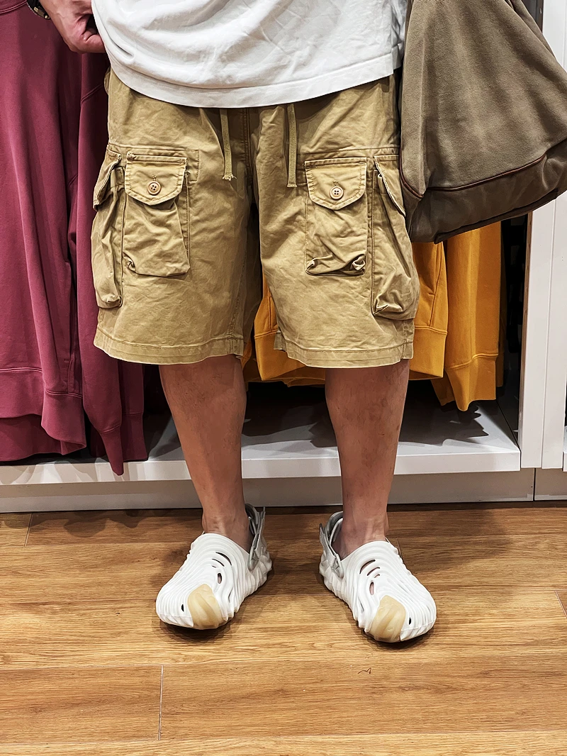 สไตล์ญี่ปุ่น Heavy-Duty Washed Cargo กางเกงขาสั้น 25SS ฤดูร้อน Distressed ขนาดใหญ่เอวยางยืด Workwear High Street กางเกง
