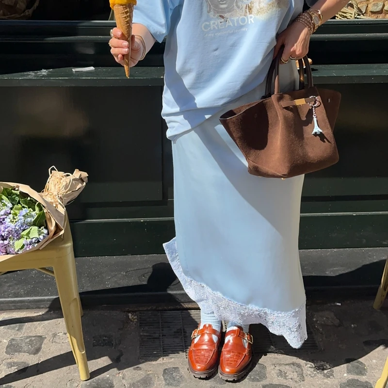 أنيقة الدانتيل المرقعة الساتان تنورة الجنية Coquette المرأة عالية الخصر الحرير ماكسي تنورة شيك موضة مثير سبليت تنورة نادي الطرف #1