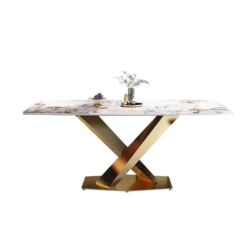 

Modern Design Shape Stainless Steel Golden Base Rectangular Marble Table Set Luxury Dining Table and Chairs