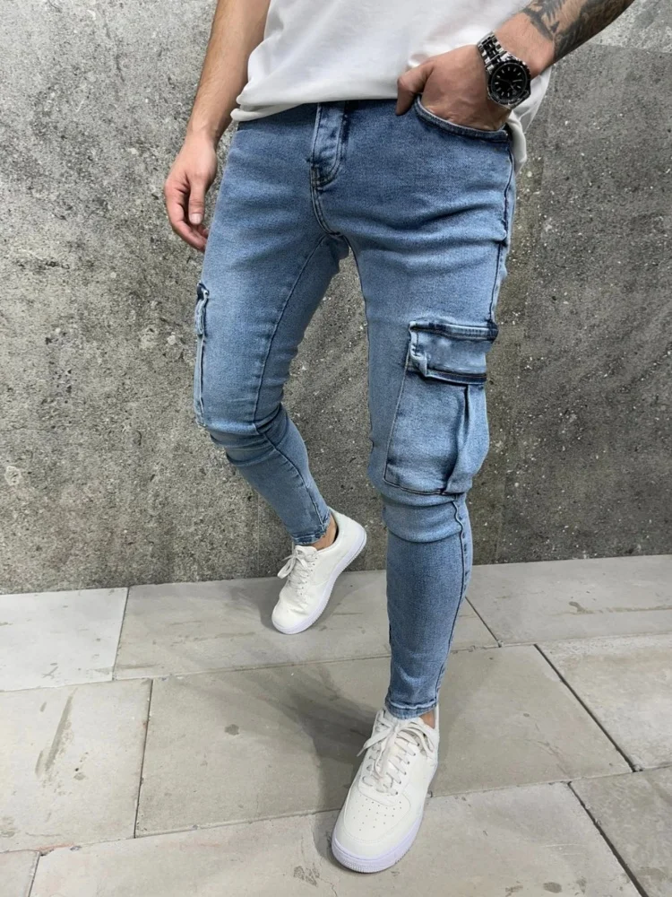 Jeans cargo skinny alla moda Tasca da uomo Slim Fashion Streetwear Pantaloni con piedi piccoli Pantaloni da uomo in denim hip-hop elastico lavato