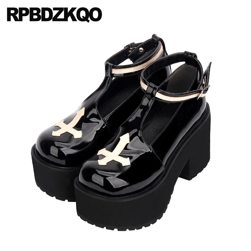 Big Size High Heels 44 33 Crossdresser Shoes Small Block Pumps Gothic T Strap Patent Leather Crucifix Platform Round Toe Women