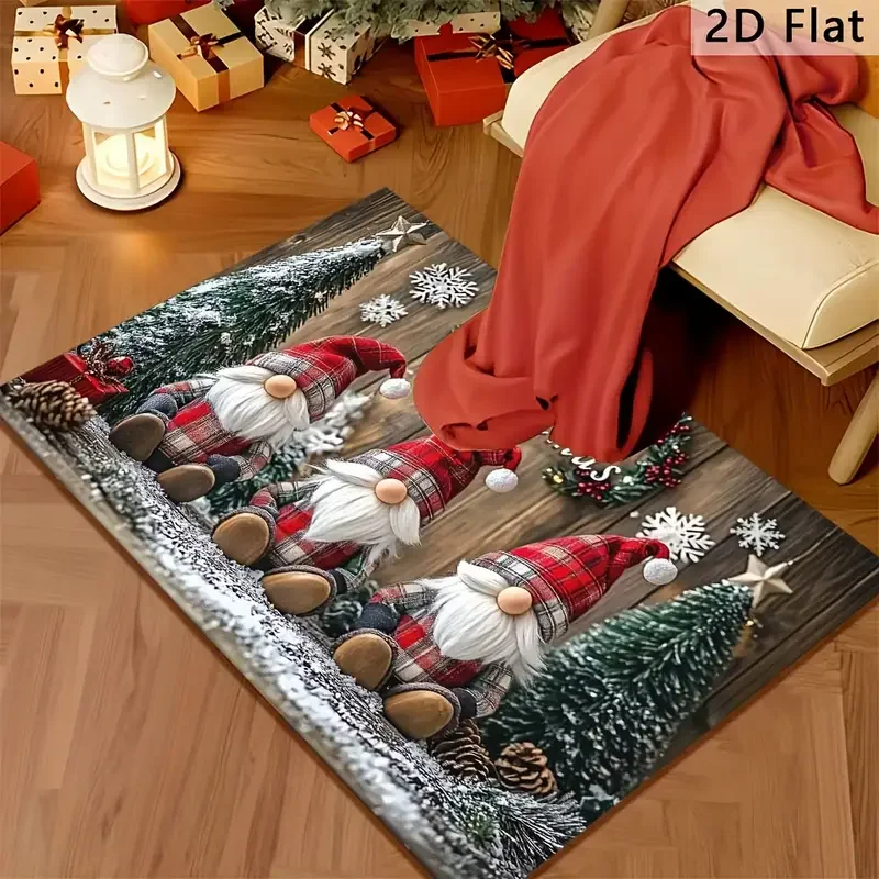 VIKAMA Christmas Door Mat Three Gnomes Plaid Hat Xmas Tree Snow Wood Print Decorative Mat For Front Porch Entry Home Decor