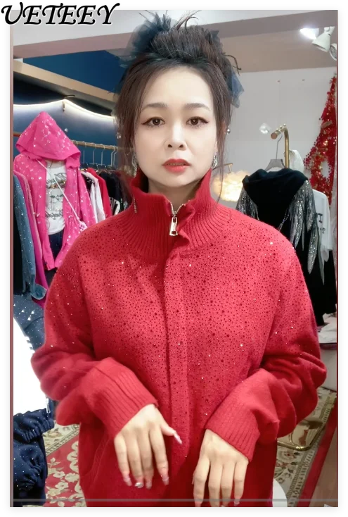 

Осень-зима, новый утолщенный теплый свитер со стразами, женское пальто, мягкий утягивающий вязаный кардиган, женский свитер с высоким воротником, верхняя одежда