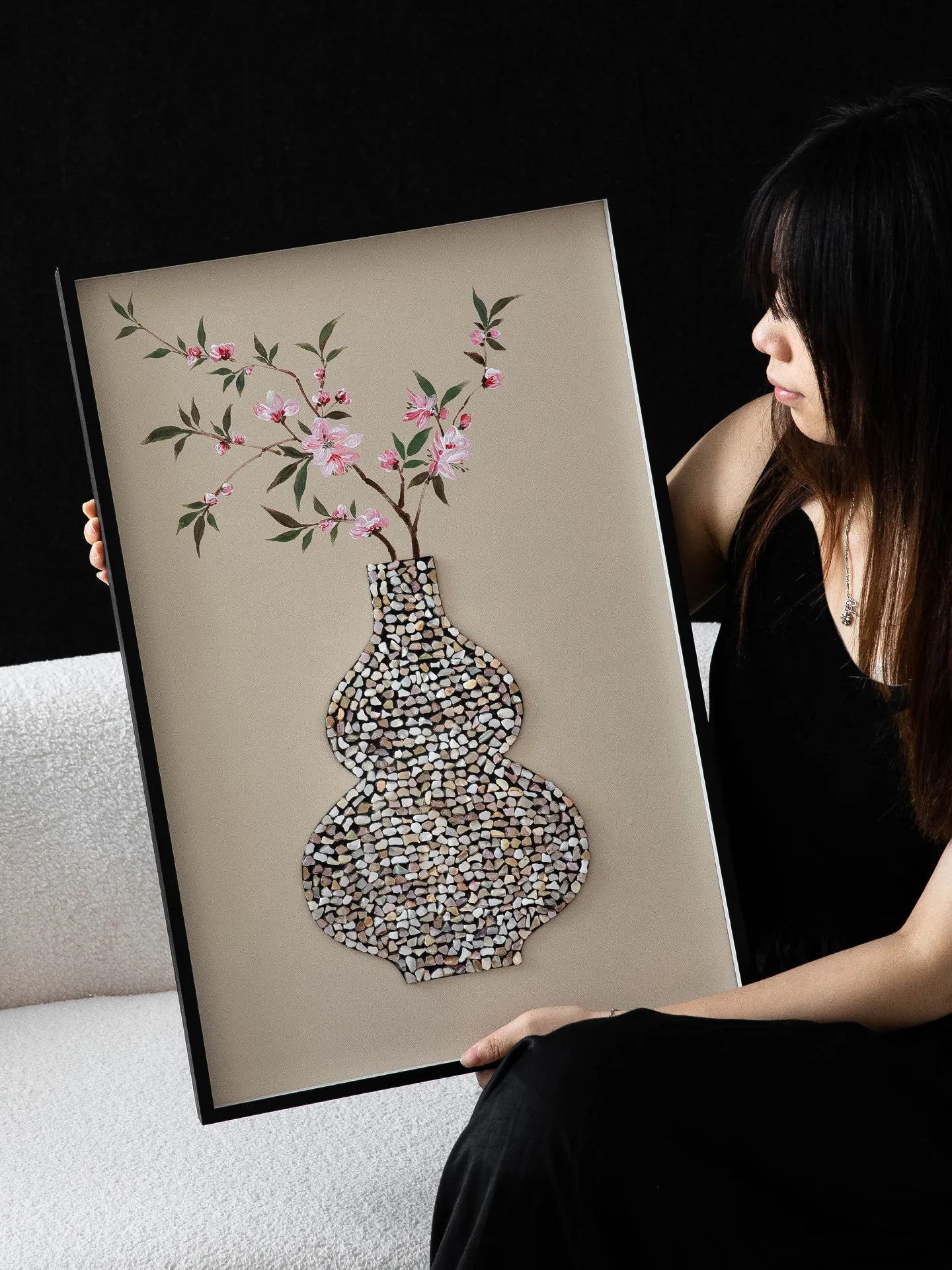 Original Oriental Gourd Shell Wall Art, Mother‑of‑Pearl 3‑Panel Hanging Painting, Luxury Decor for Living & Dining Room