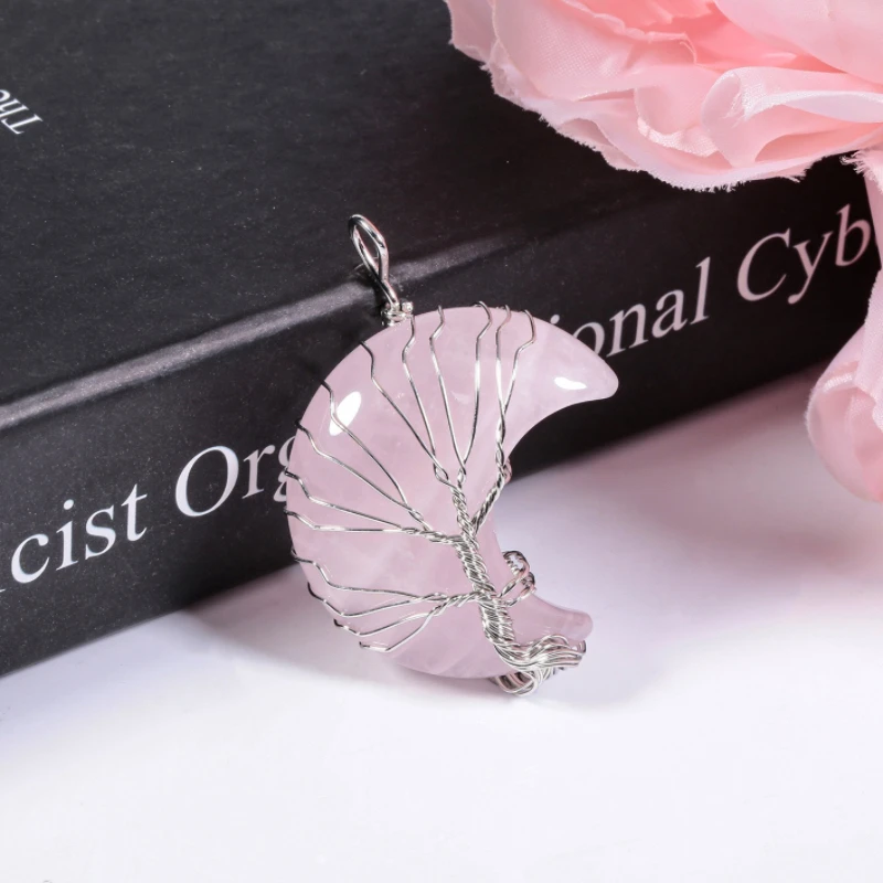 

Подвеска из натурального камня с кристаллами Луны и Древа жизни, аксессуар для ожерелья из медной проволоки с аметистом и розовым кварцем