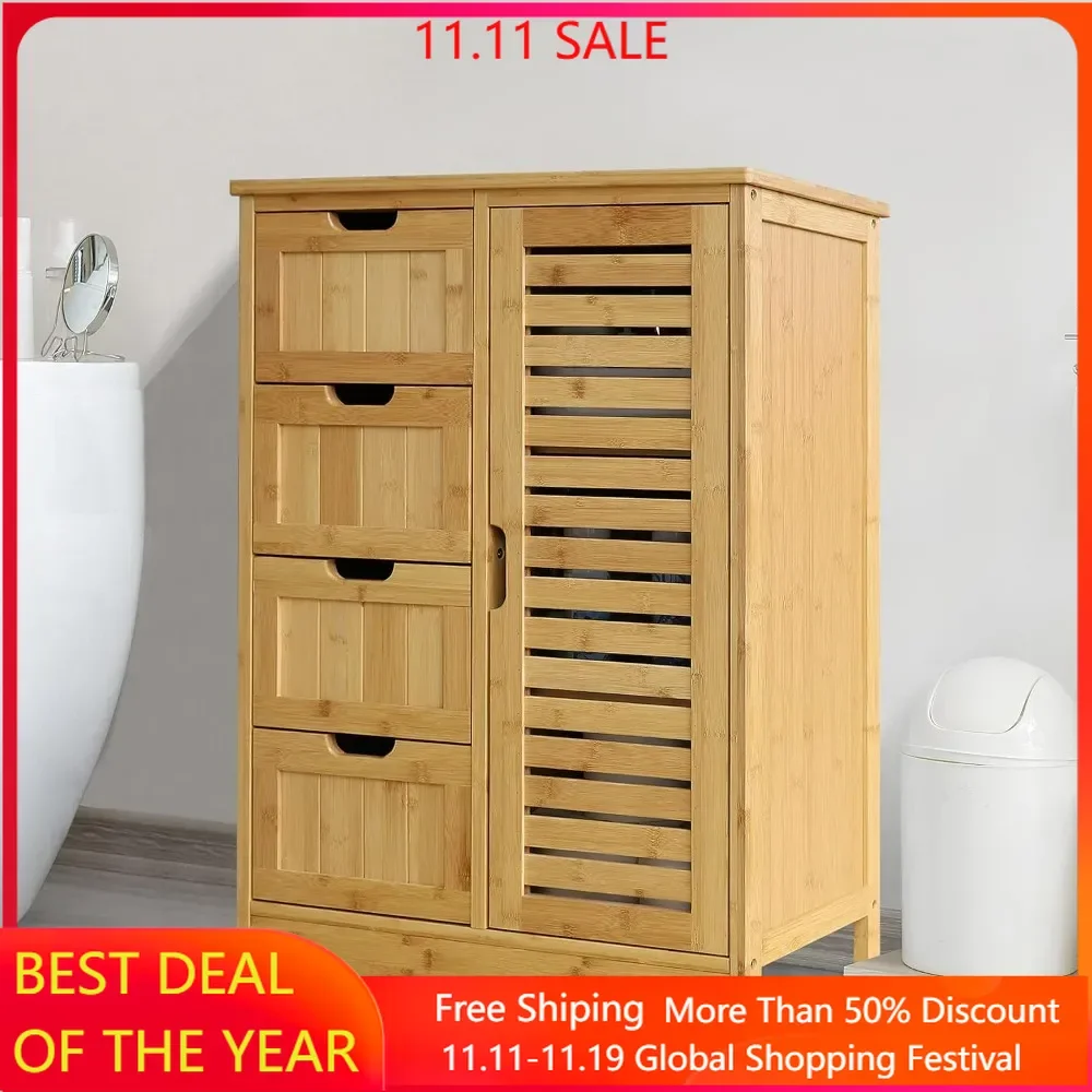 

Bathroom Storage Cabinet with 4 Drawers, Freestanding Bamboo Cabinet with 2 Removable Shelves, Bathroom Storage Cabinet