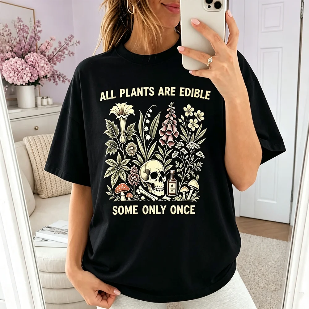 Vintage Botanical Skull Graphic Shirt Women All Plants Are Edible Some Only Once Funny Tee Casual Short Sleeve Unisex Tops