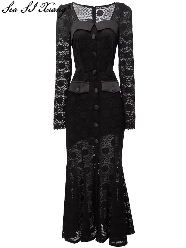 

Seasixiang Fashion Designer Early Autumn Lace Mermaid Dress Women Square Collar Long Sleeve Hollow Out Black Vintage Dresses