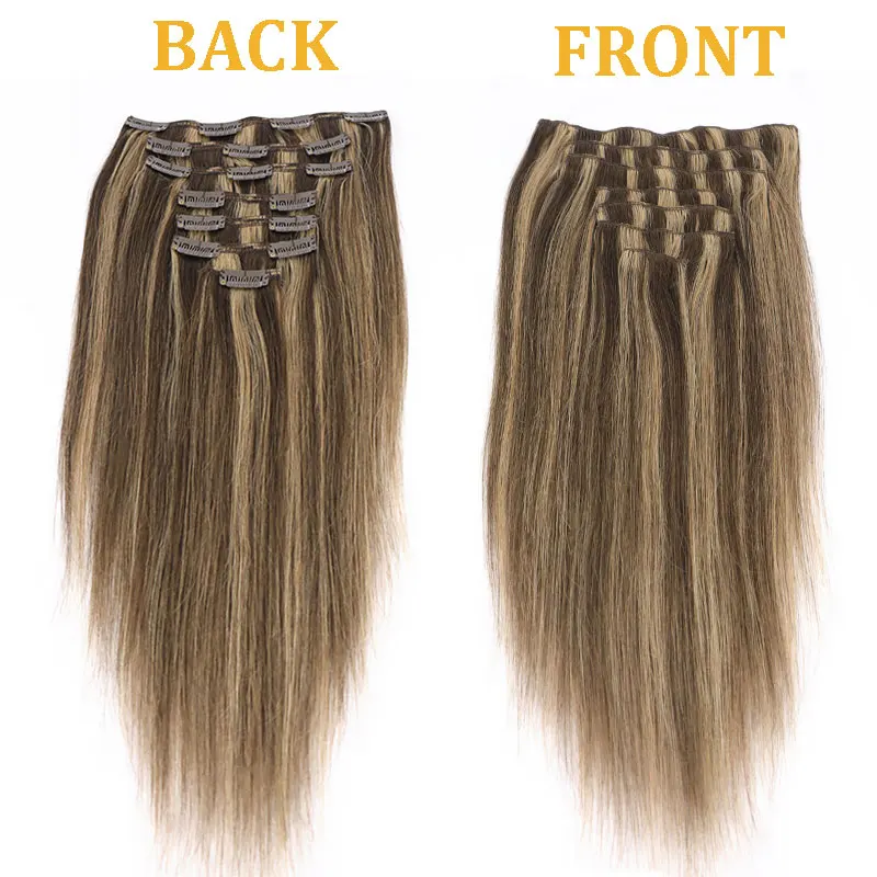 Extensiones con clip rubias de cabello humano, invisibles, #4/27 balayage con reflejos castaños, para mujer, 7 piezas por paquete, 120g 5
