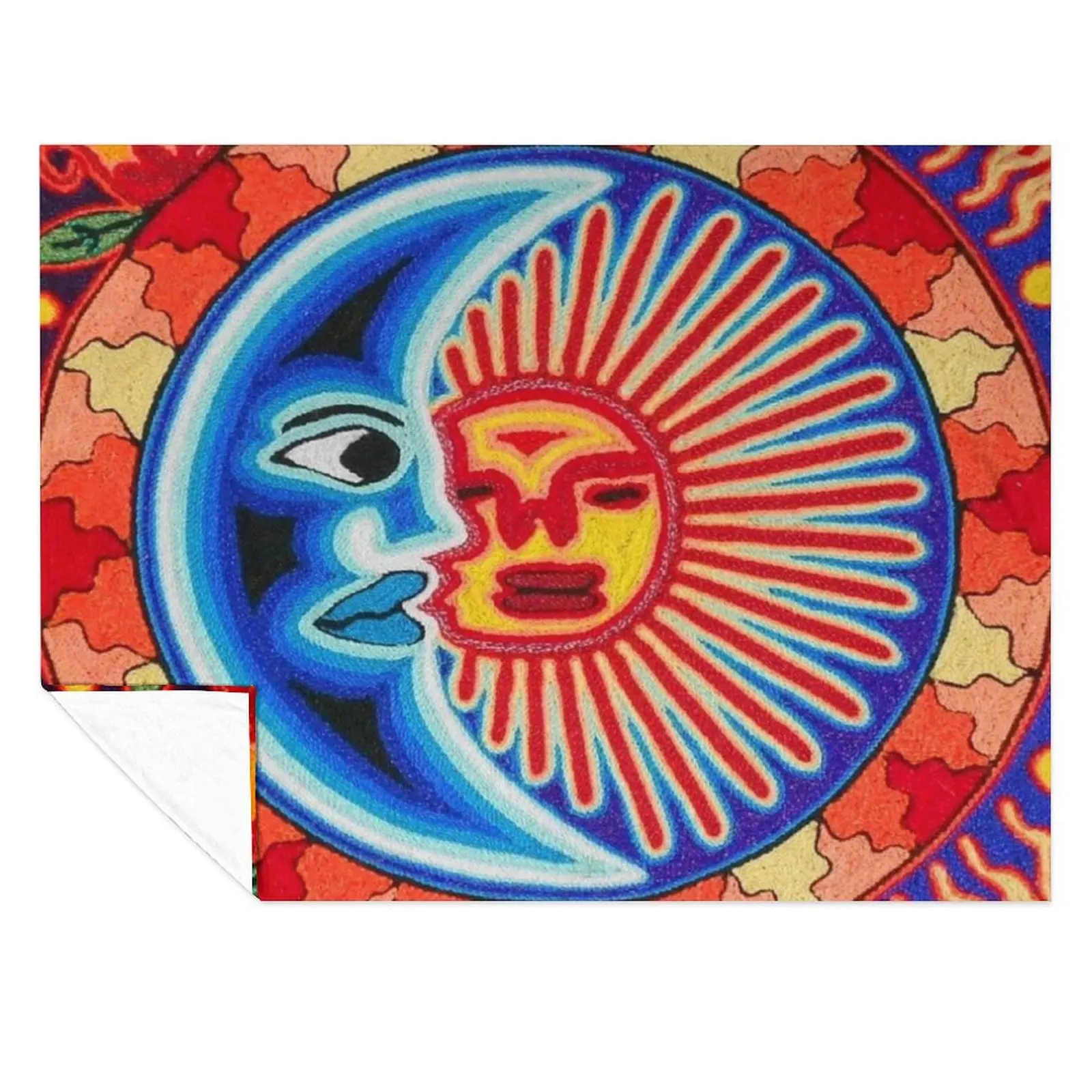 

Mexican Sun Crescent Moon Colorful Huichol | Mexican Blanket Design | Large Cozy King Size | Vintage Folk Art - Throw Blanket