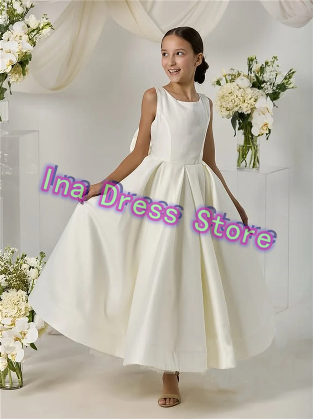 

QUality Elegant Satin Flower Girls Dress Fluffy With Big Bow Belt For Wedding Ball Holy Kids Birthday Party Evening Ball Gowns