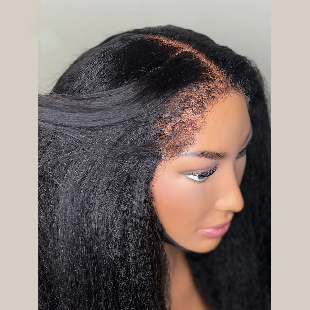 Natural Black Soft Yaki Preplucked 26Inch Long 180Density Lace Front Wigs For Women Kinky Curly Baby Hair Glueless Good Texture