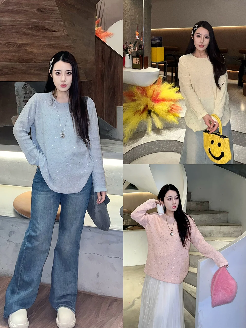 

Женский вязаный свитер больших размеров с яркими пайетками, свободный крой, стильный и комфортный, для создания непринужденного образа, весна 2026, круглый вырез, трикотажный пуловер