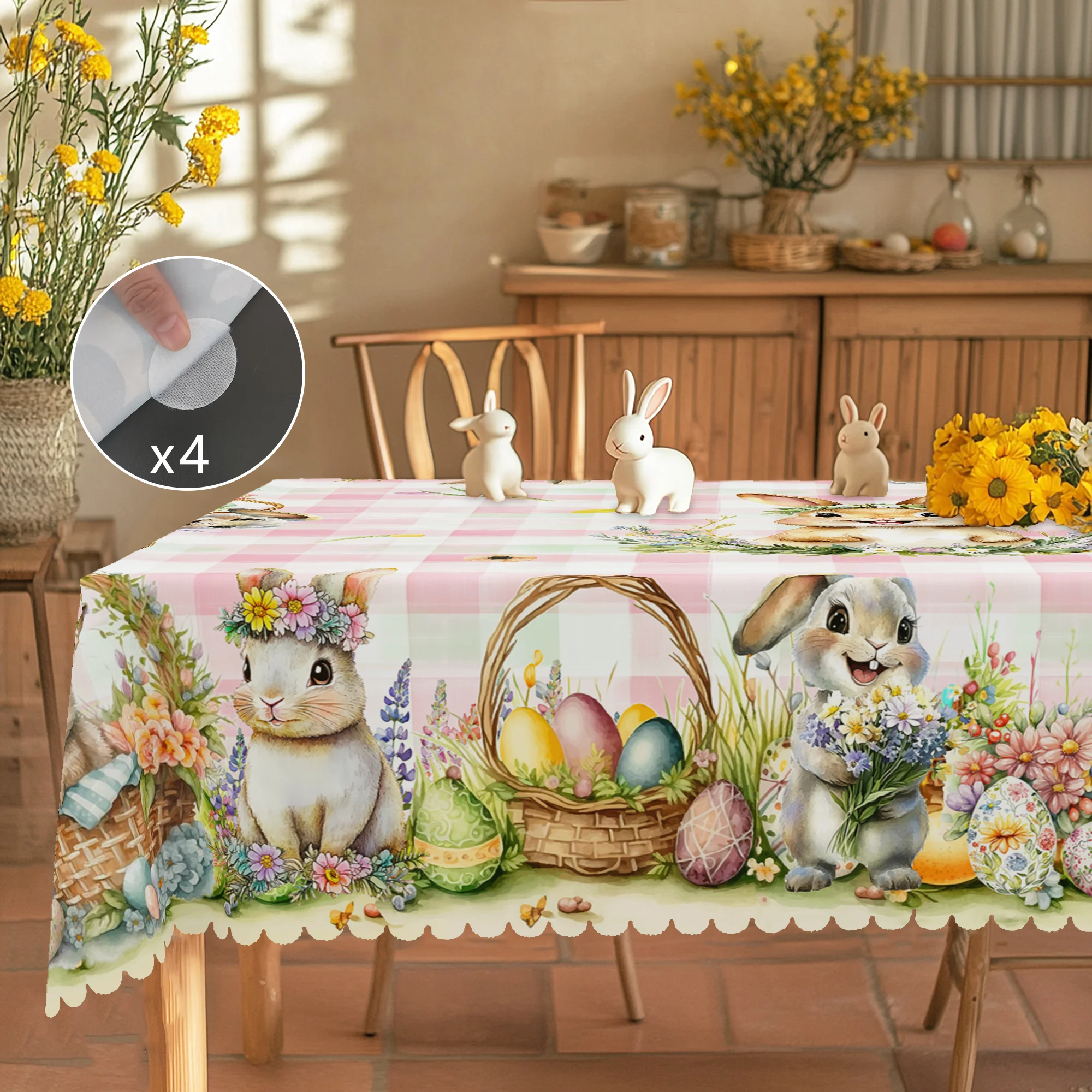 1 Easter Round Tablecloth, 5 Sizes Available, Tulip Easter Bunny Egg Plaid Printed Square Tablecloth, Edge Embossing Process, Spring Garden