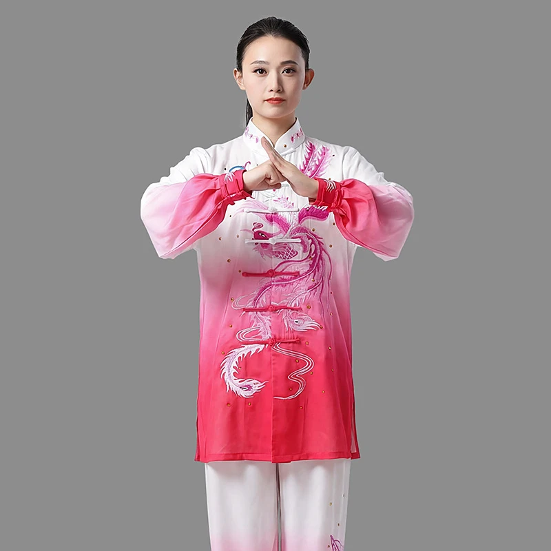 Women's Unisex Custom Tai Chi Suit Phoenix Embroidery Team Performance & Competition Martial Arts Baduanjin Training Wear