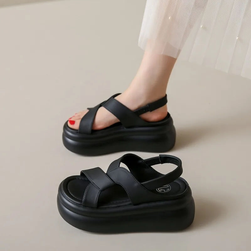 New Summer Women Chunky Sandals Leather High Platform Trainers Breathable Casual Slippers Shoes Woman 7.5CM Heels Wedge Sneakers