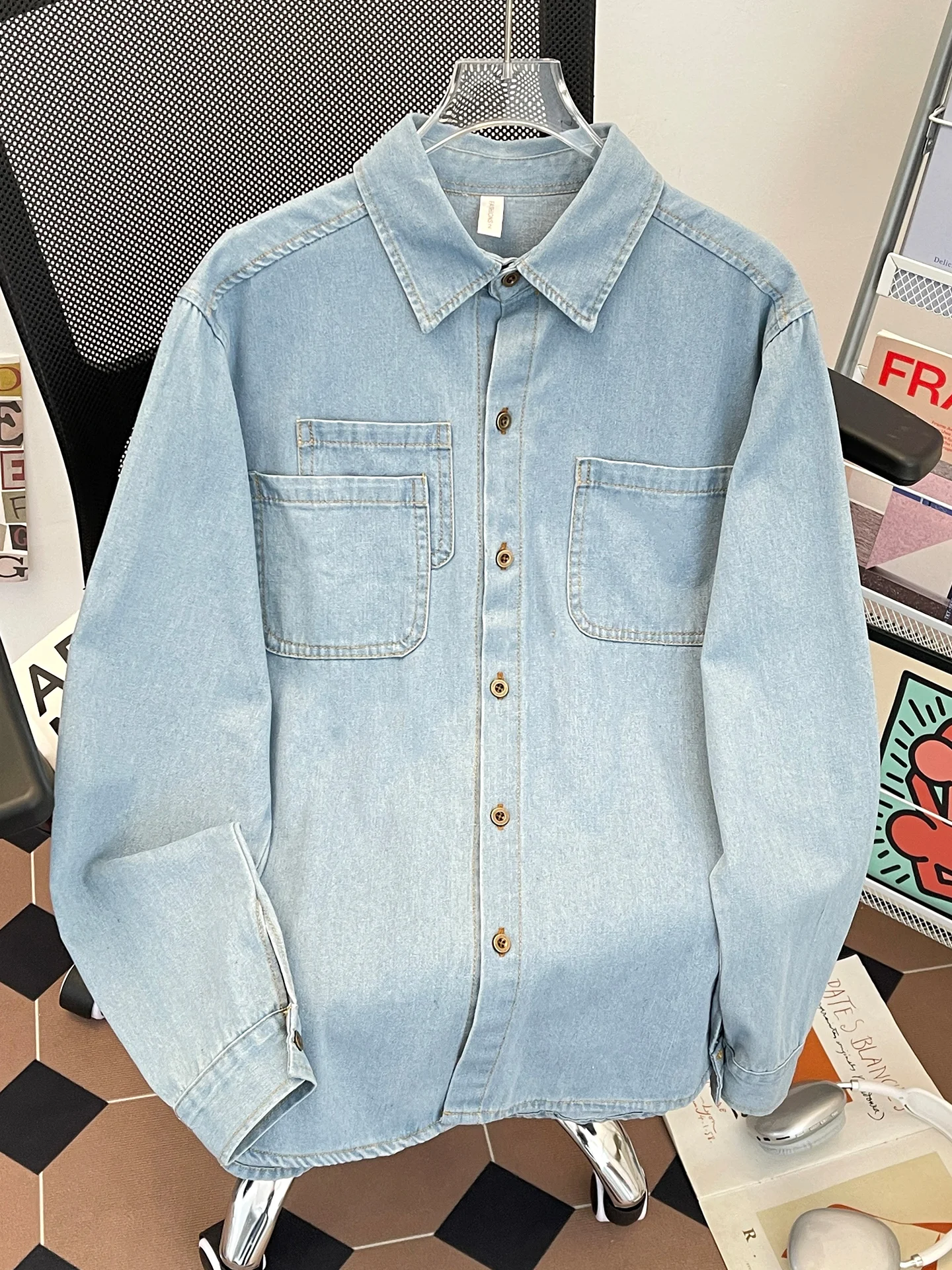 

Waed Denim Long Sve irt Men's Multiple kets Loose Youth Sports Lightweight Jaet Autumn Season ape Memory