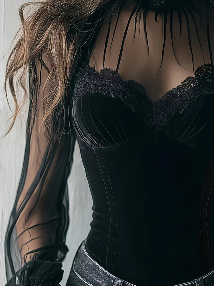Vintage Elegant Mesh Women Blouse Black Mesh Sheer Slim High Neck Lace Gothic Punk Corset Top Long Sleeve Velvet Fashion Blouses