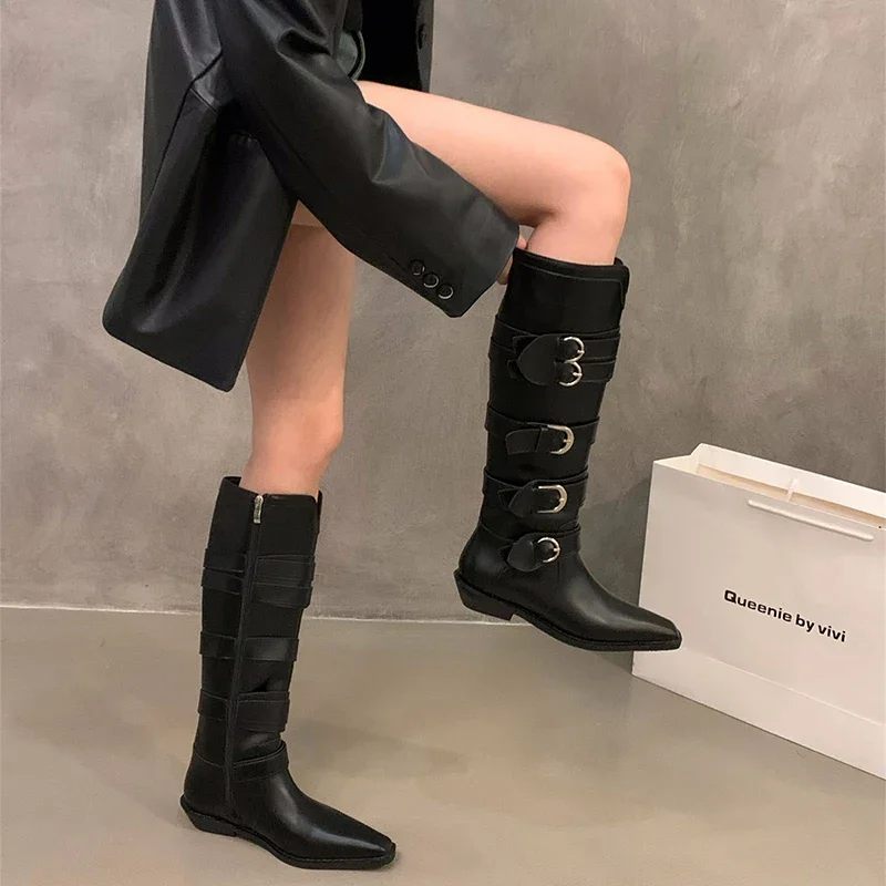 Designer Vintage Women Knee-High Boots Fashion Belt Buckle Shoes Autumn Winter Thick Heel Women\'s Knight Long Booties