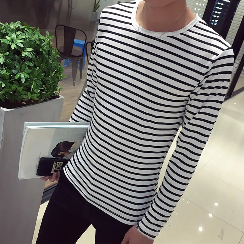 Unique Men Top  Striped Pattern Slim Fit Pullover Top  Men Bottoming Shirt Casual Pullover Top Clothing