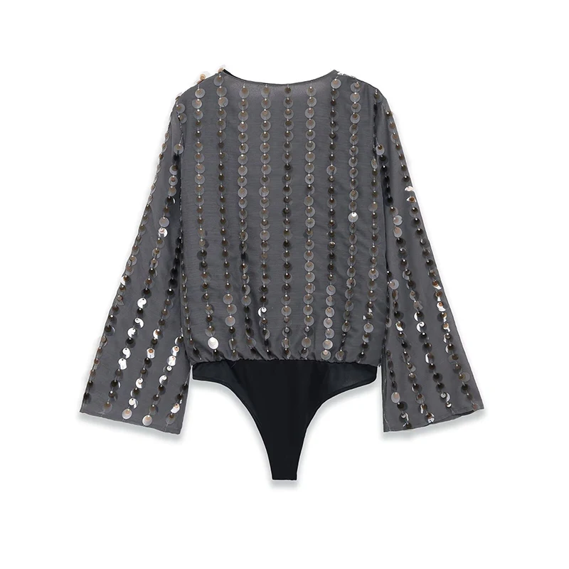 YENKYE Primavera 2026 Body de lentejuelas Sexy informal de manga larga acampanada con cuello en V cruzado para mujer