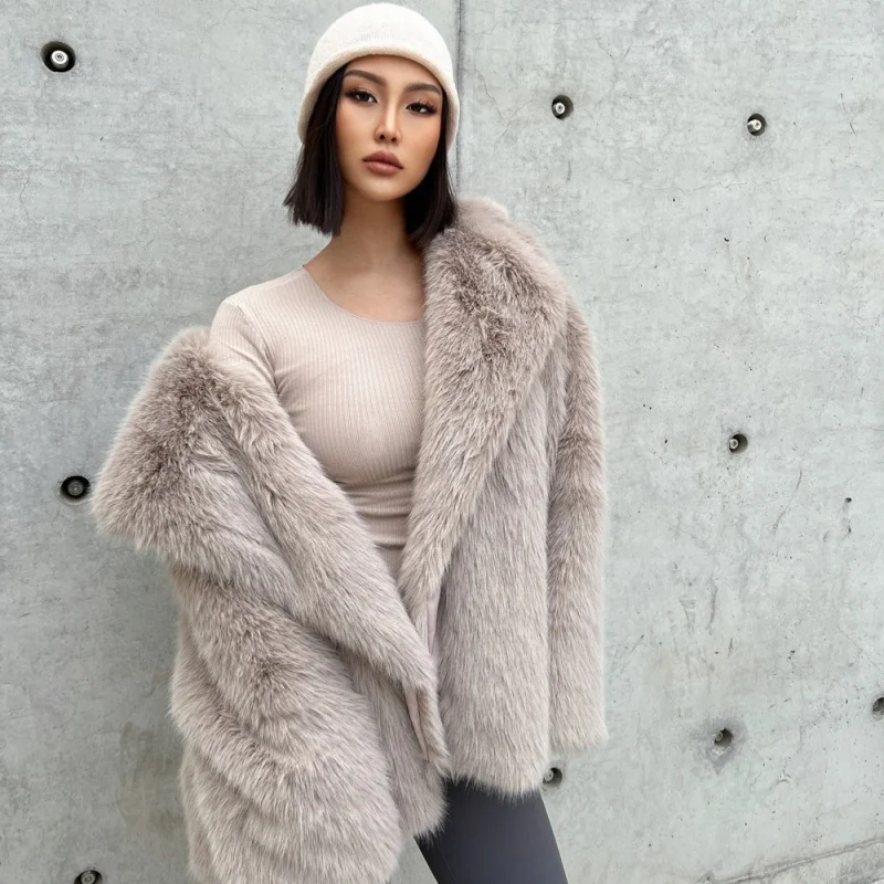 

Autumn Winter Faux Fox Fur Medium Long Suit Collar Hair Faux Fur Coat Loose Plush Jacket Soft Warmth